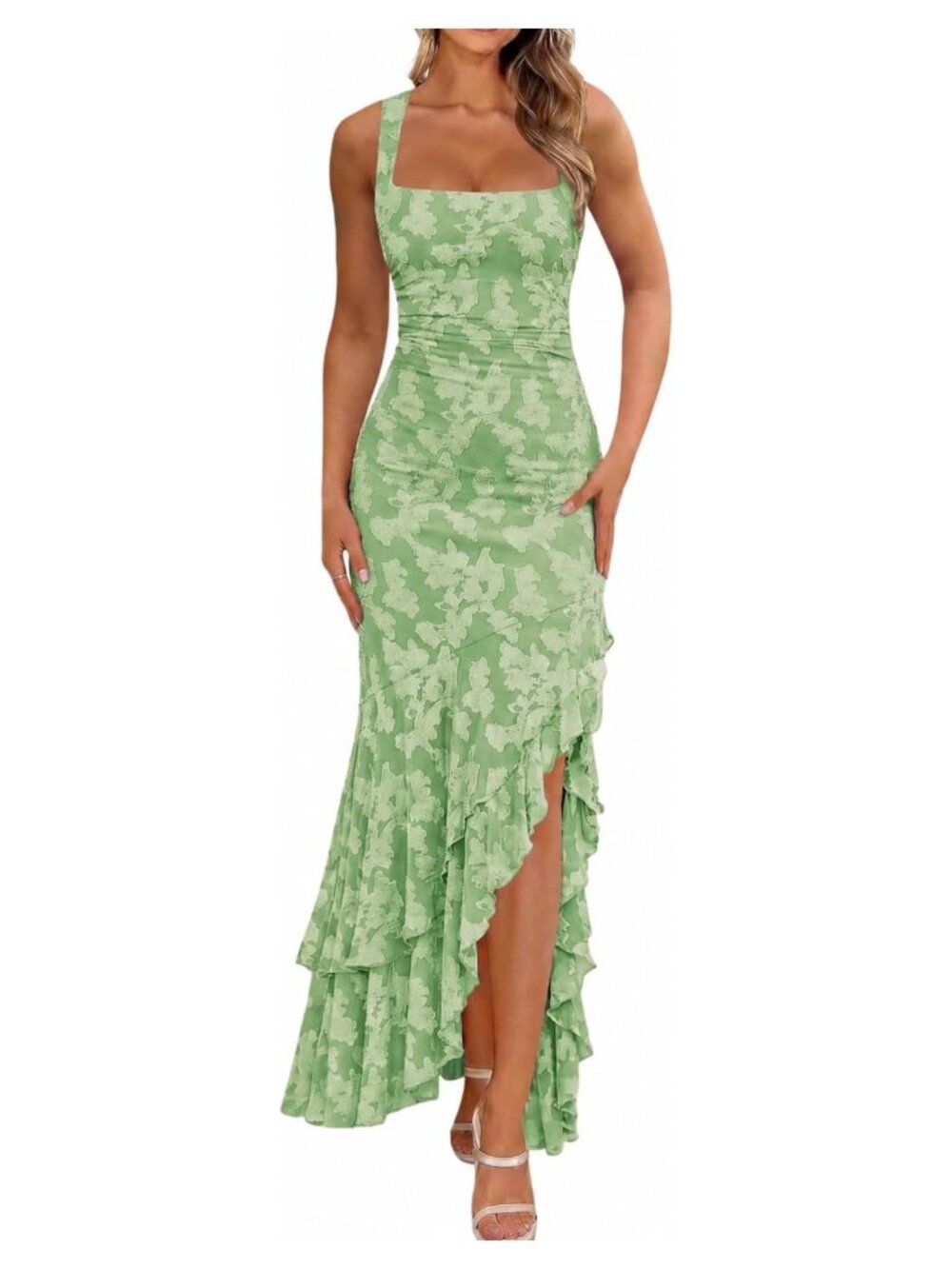 Women's Elegant Ruched Floral Maxi Formal Dress, Mesh Double Lined